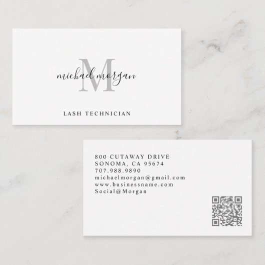 Carte De Visite Technicienne de Cils à Monogramme Script Minimal (Devant / Derrière)