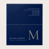 Carte de visite tendance bleu foncé uni monogramme (Extérieur déplié)