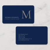 Carte de visite tendance bleu foncé uni Monogramme (Devant / Derrière)