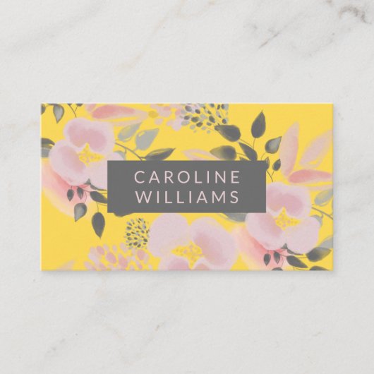 Carte De Visite Tendance florale rose et gris jaune (Devant)