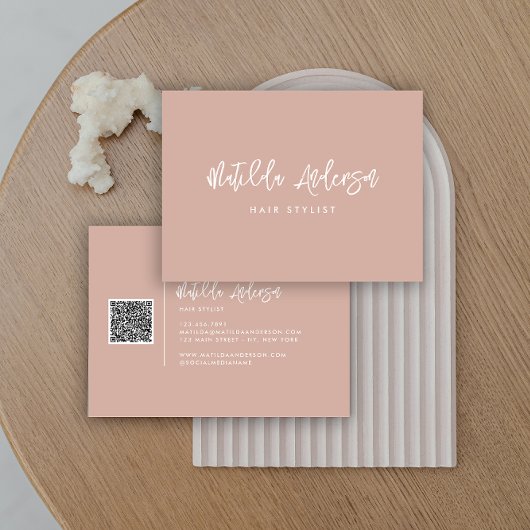 Carte De Visite Teracotta rose moderne script minimal QR CODE