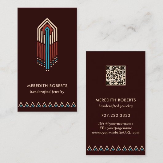 Carte De Visite Terra Cotta Turquoise Tribal Design QR Code (Devant / Derrière)