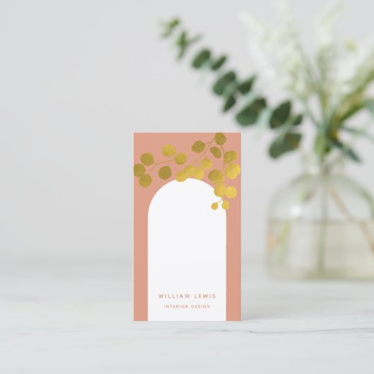 Carte De Visite Terracotta Gold Feuilles Moderne Arch QR Code (Debout devant)