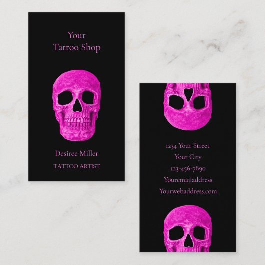 Carte De Visite Tête de crâne gothique Neon rose noir Tattoo Shop (Devant / Derrière)