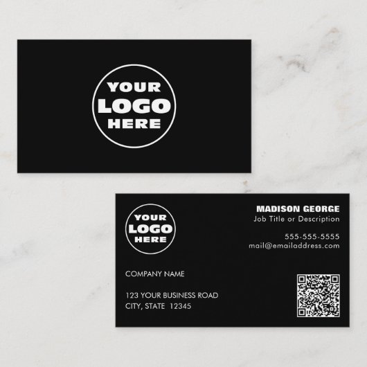 Carte De Visite Texte simple du logo et code QR noir (Devant / Derrière)