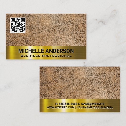 Carte De Visite Texture Brown | Gold Metallic Trim QR Code (Devant / Derrière)