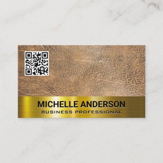 Carte De Visite Texture Brown | Gold Metallic Trim QR Code (Devant)
