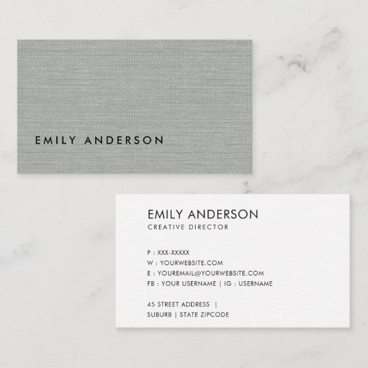 CARTE DE VISITE TEXTURE ÉLÉGANTE EN TISSU GRAY CLAIR MINIMAL (Devant / Derrière)