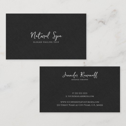 Carte De Visite Texture en lin noir Imprimer Typographie blanche (Devant / Derrière)