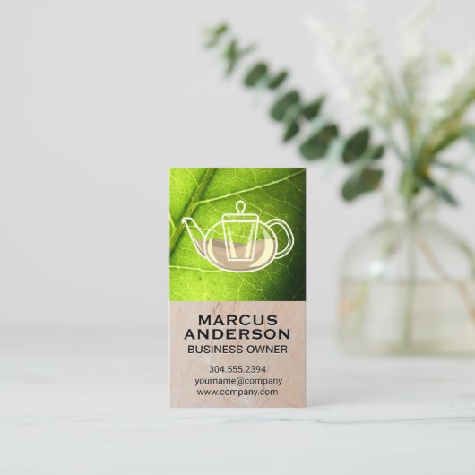 Carte De Visite Théière | Argile texture mur Feuille verte (Debout devant)