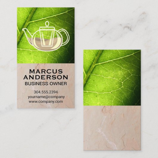 Carte De Visite Théière | Argile texture mur Feuille verte (Devant / Derrière)