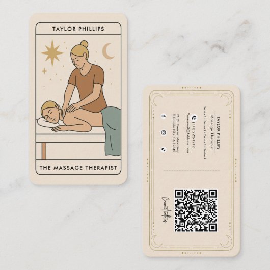 Carte De Visite Thérapeute de massage blonde Tarot médias sociaux  (Devant / Derrière)