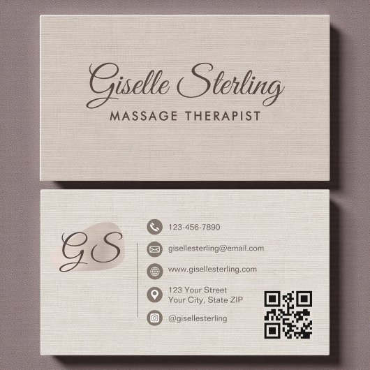 Carte De Visite Thérapeute de Massage Code QR Élégant Lin Beige