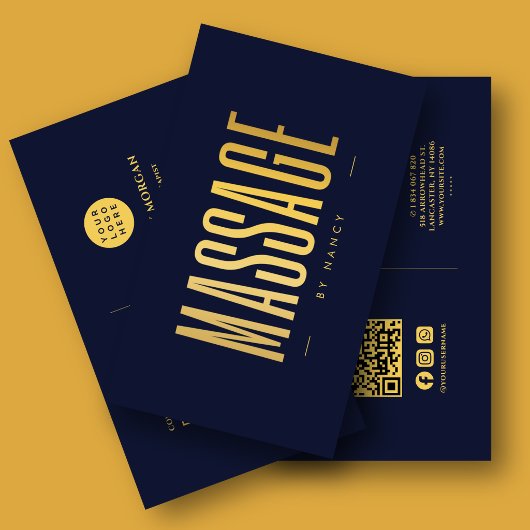 Carte De Visite Thérapeute de Massage Code QR et Logo Navy & Or