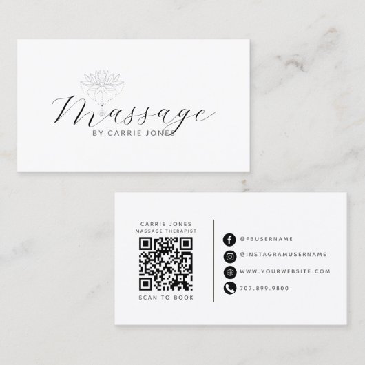 Carte De Visite Thérapeute de Massage Code QR Fleur de Lotus (Devant / Derrière)