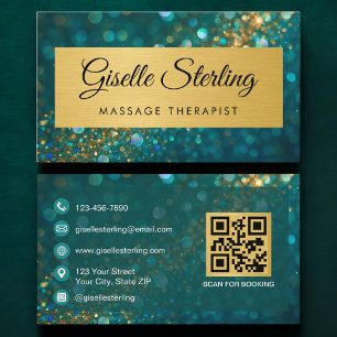 Carte De Visite Thérapeute de massage Code QR Paillettes sarcelle 