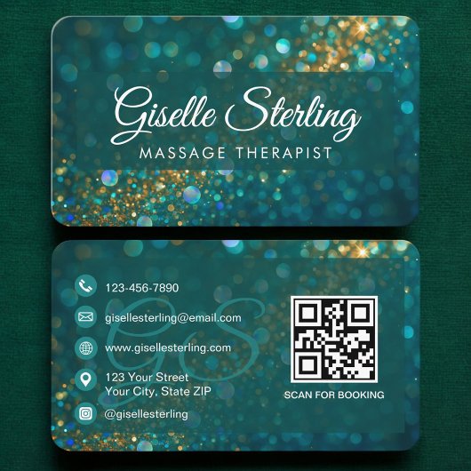 Carte De Visite Thérapeute de Massage Code QR Vert Or