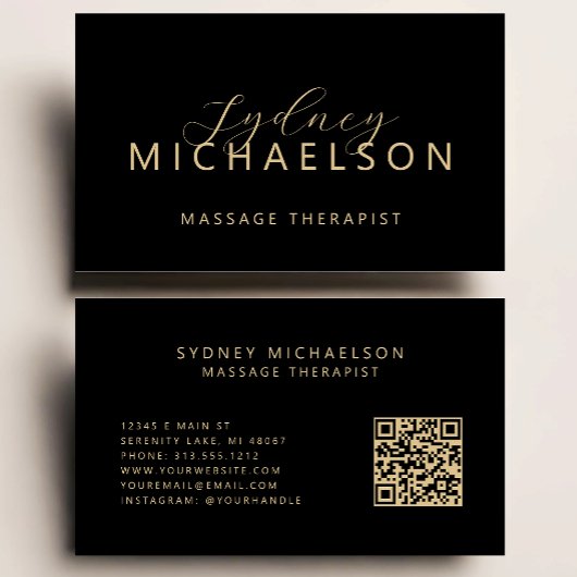 Carte De Visite Thérapeute de Massage Élégant Code QR Noir Or