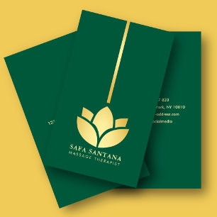 Carte De Visite Thérapeute de Massage Gold Lotus Émeraude Verte