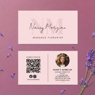Carte De Visite Thérapeute de Massage Monogramme Photo Rose Pâle