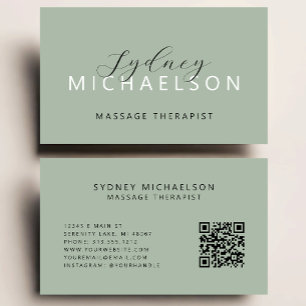 Carte De Visite Thérapeute en Massage Élégant Code QR Vert Sauge