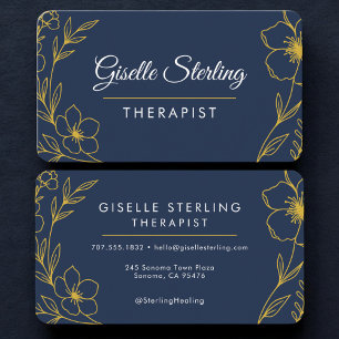 Carte De Visite Thérapeute Floral Bleu Marine Or Professionnel