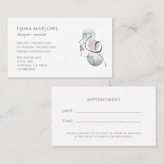 Carte De Visite Therapist Counselor Business & Appointment Card (Devant / Derrière)