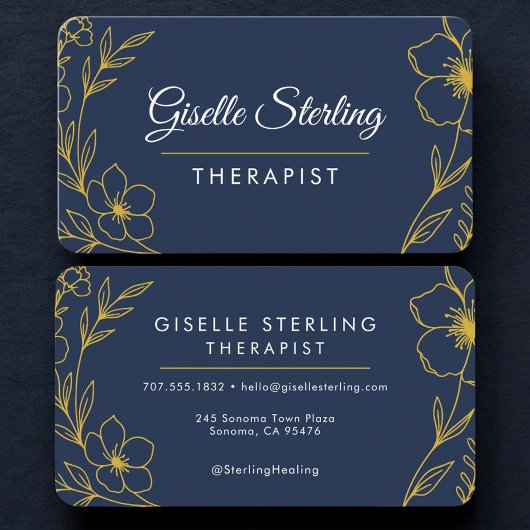Carte De Visite Therapist Floral Navy Blue Gold Professional