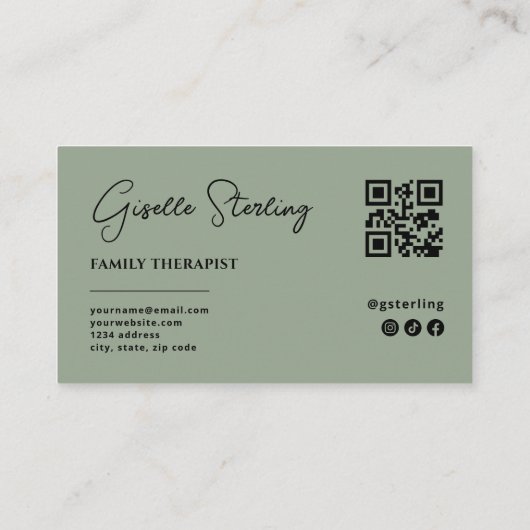 Carte De Visite Therapist Psychologist Sage Green QR Code (Dos)