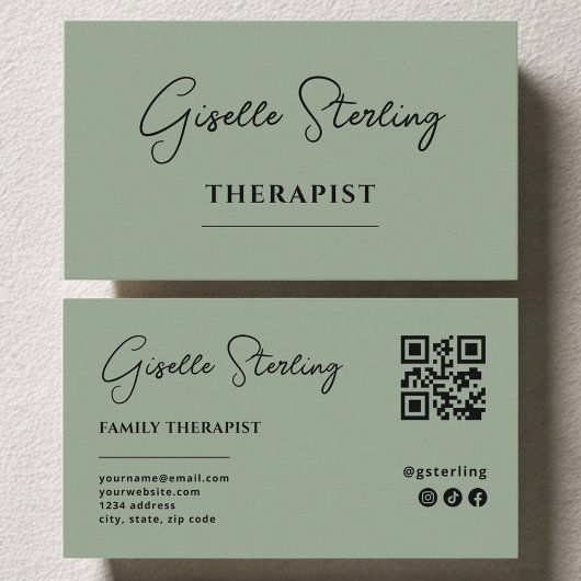 Carte De Visite Therapist Psychologist Sage Green QR Code