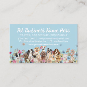 Carte De Visite Toiletteuse pour chiens aux fleurs élégantes bleue