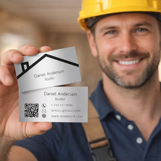 Carte De Visite Toit de maison en argent code QR moderne