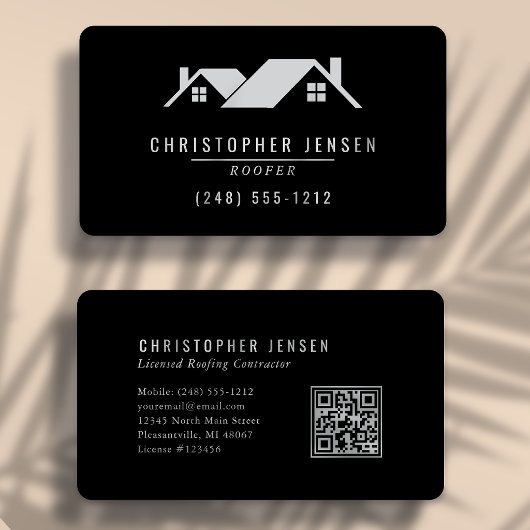 Carte de visite Toiture Code QR Noir Gris Arrondi