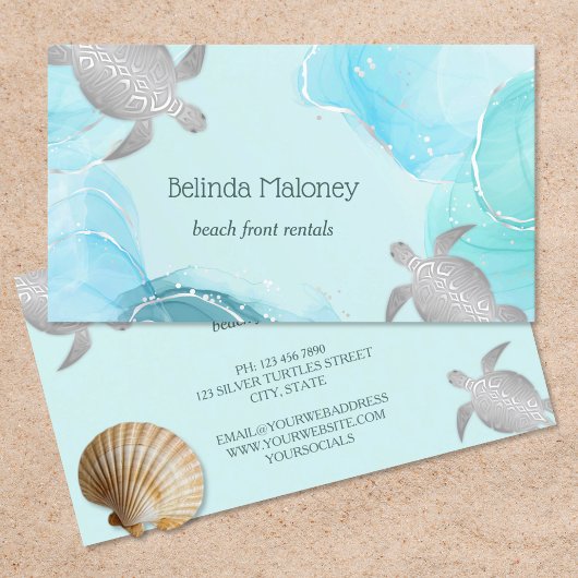 Carte De Visite Tortue Argent Encre Bleue Code QR Côté Mer