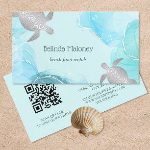 Carte De Visite Tortue argentée Code QR à encre bleue Côtière