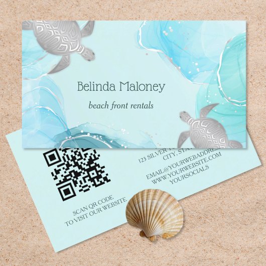 Carte De Visite Tortue argentée Code QR à encre bleue Côtière