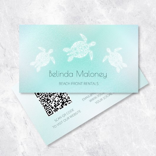 Carte De Visite Tortue blanche turquoise Scanner le code QR
