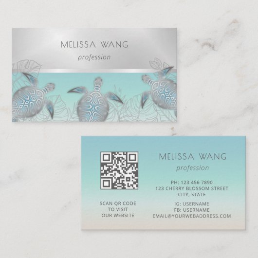 Carte De Visite Tortue de mer argentée | Code QR côtier (Devant / Derrière)
