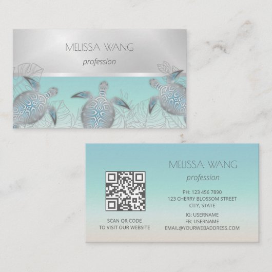 Carte De Visite Tortue de mer argentée | Code QR côtier (Devant / Derrière)