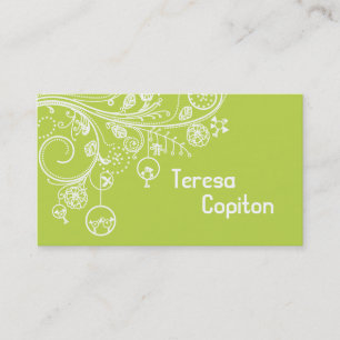 Carte De Visite Tourbillons floraux modernes & oiseaux vert clair