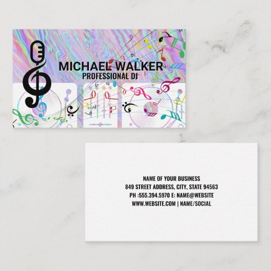 Carte De Visite Tourne-disques | DJ | Iridescente | Notes musicale (Devant / Derrière)