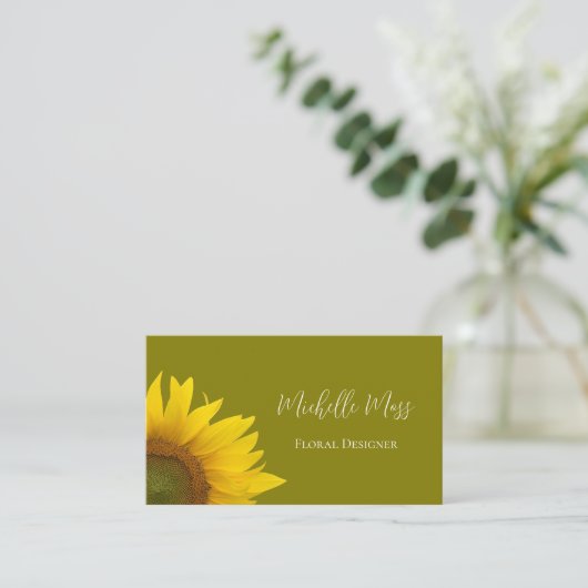 Carte De Visite Tournesol botanique Code QR Boho Olive Green (Debout devant)