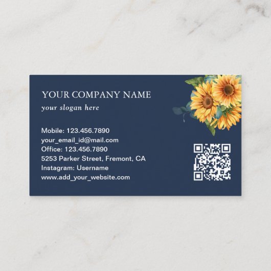 Carte De Visite Tournesol rustique Eucalyptus Navy bleu QR Code (Dos)