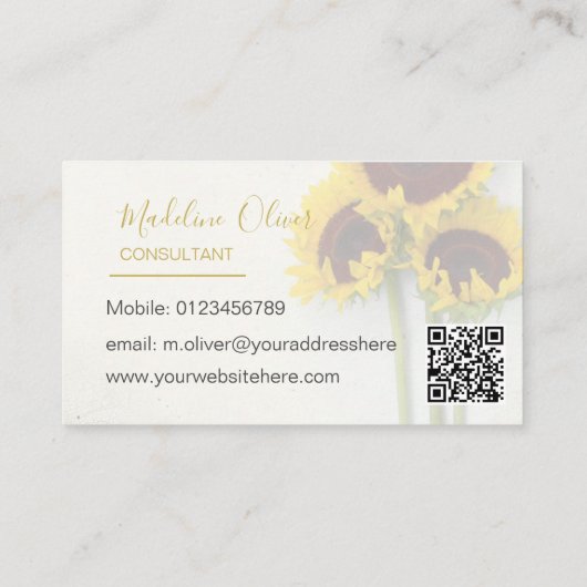 Carte De Visite Tournesol Rustique moderne QR Code élégant Or (Dos)