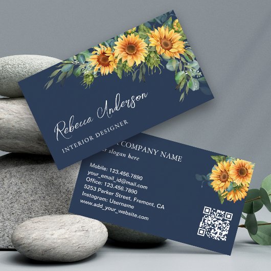 Carte De Visite Tournesols rustiques Eucalyptus Bleu marine Code Q