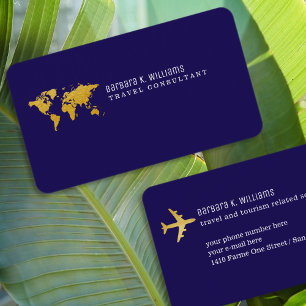 Carte De Visite Travel Consultant Gold Map simple bleu foncé