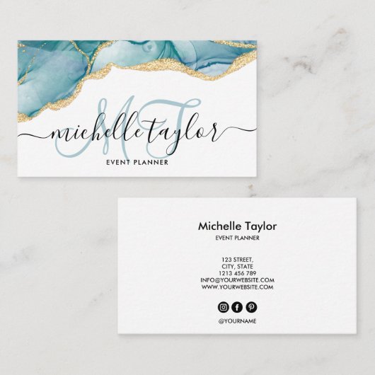 Carte De Visite Trendy Blue Gold Monogram Maquillage Artiste Coiff (Devant / Derrière)