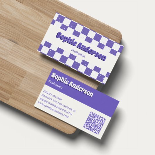 Carte De Visite Trendy Purple Retro Check Pattern with QR Code