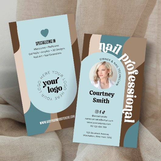 Carte De Visite Trendy Retro Bleu & Taupe Clou Artiste Manucure