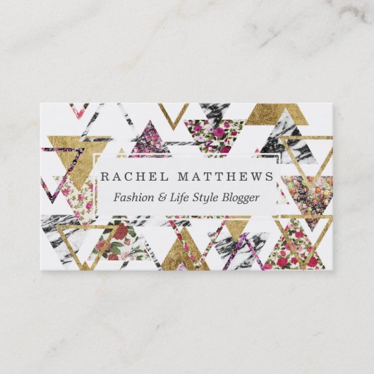 Carte De Visite Triangles géométriques de marbre floral chic d'or (Devant)